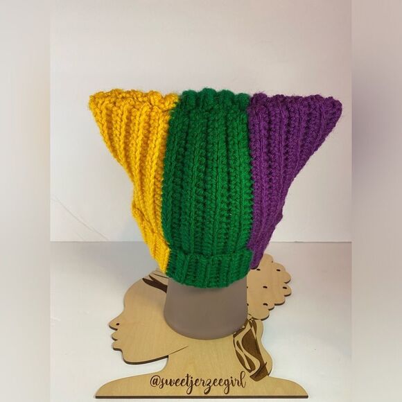 Purple Green & Gold Mardi Gras Colors Handmade Crochet Cat Ear Beanie Hat - Picture 8 of 10
